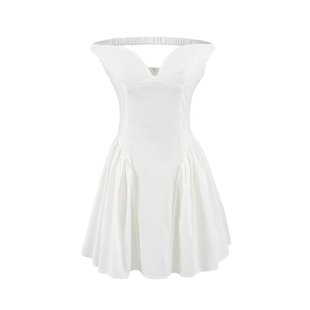 Ulark-Off-Shoulder Plain Mini A-Line Dress