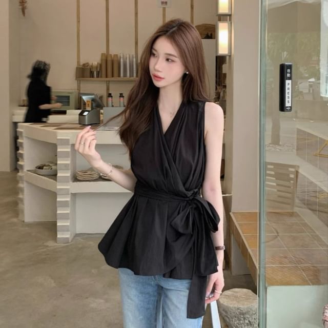 ANORA-Sleeveless V-Neck Plain Sashed Peplum Blouse