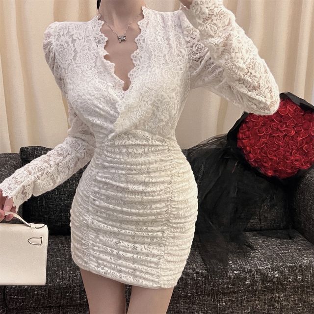 NENE - Long-Sleeve V-Neck Plain Ruched Lace Mini Sheath Dress | YesStyle