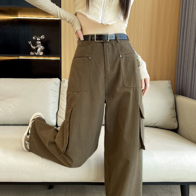 KUMI-High Rise Plain Wide Leg Cargo Pants