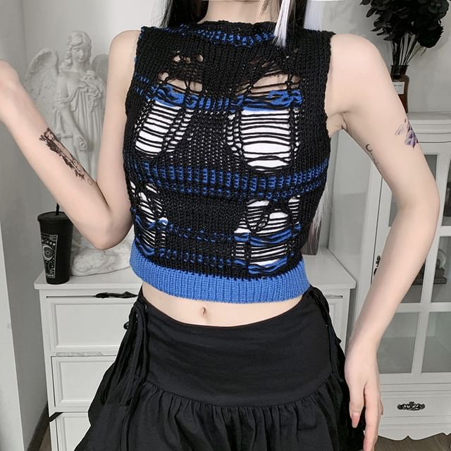 トップス thetis Thetis - Distressed Knit Tank Top | YesStyle