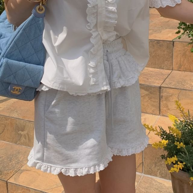PINPI-Drawstring Waist Lace Trim Sweat Shorts
