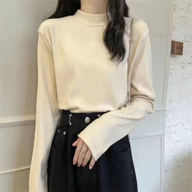 Sisyphi-Long-Sleeve Mock Neck Plain T-Shirt