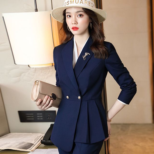 Skyheart-Double-Breasted Ruffle Hem Blazer Plain Shirt Mini Pencil Skirt Dress Pants Set
