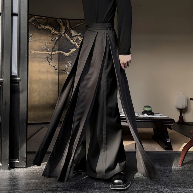 Adothuiastic-Mid Rise Plain Layered Wide Leg Pants