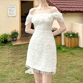 ZY·HT Short-Sleeve Cold Shoulder Plain Sequin Mesh Mini A-Line Dress