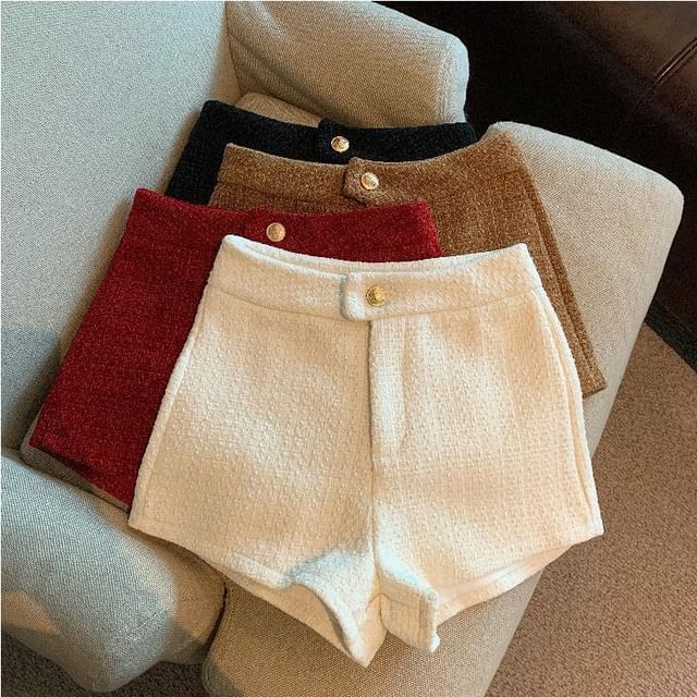 Iasia-High Waist Plain Tweed Shorts