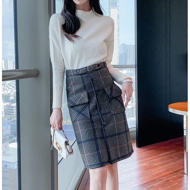 Everose-Plaid High-Waist Pencil Skirt