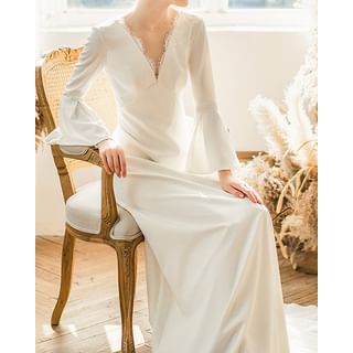 DreesHouse-Bell Sleeve V-Neck Plain Backless Panel Lace A-Line Evening Gown