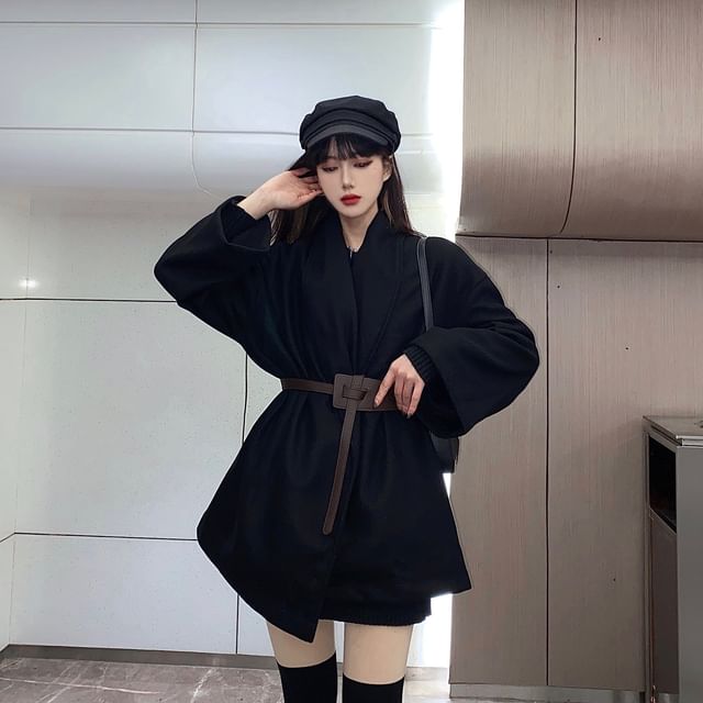Sienne-Set Shawl Collar Plain Coat Belt