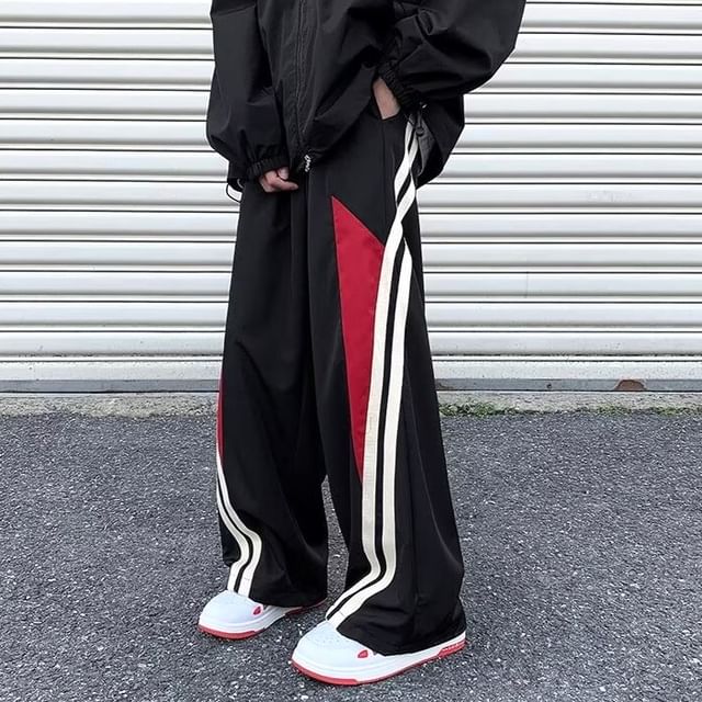 Blueforce-Drawstring Waist Color Block Wide Leg Pants