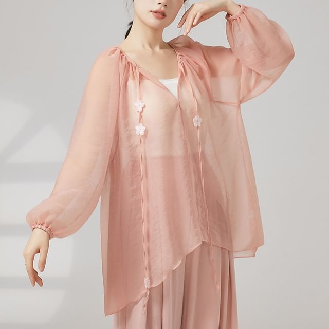 Cossita-Long-Sleeve V-Neck Plain Mesh Tunic Top