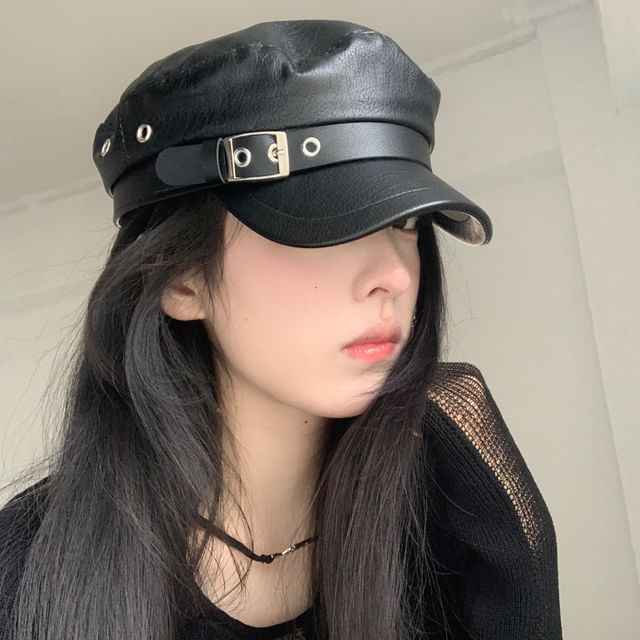 4-4 STUDIO-Buckled Faux Leather Cap