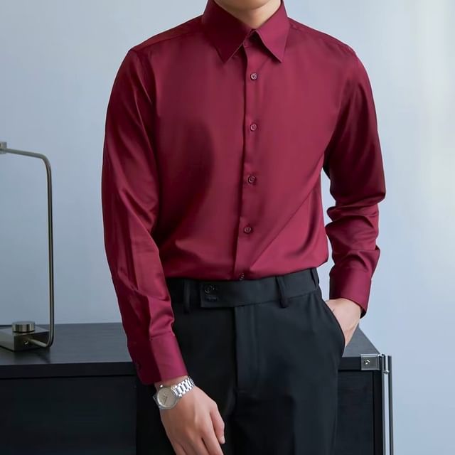 Urtishia-Long-Sleeve Collared Plain Shirt
