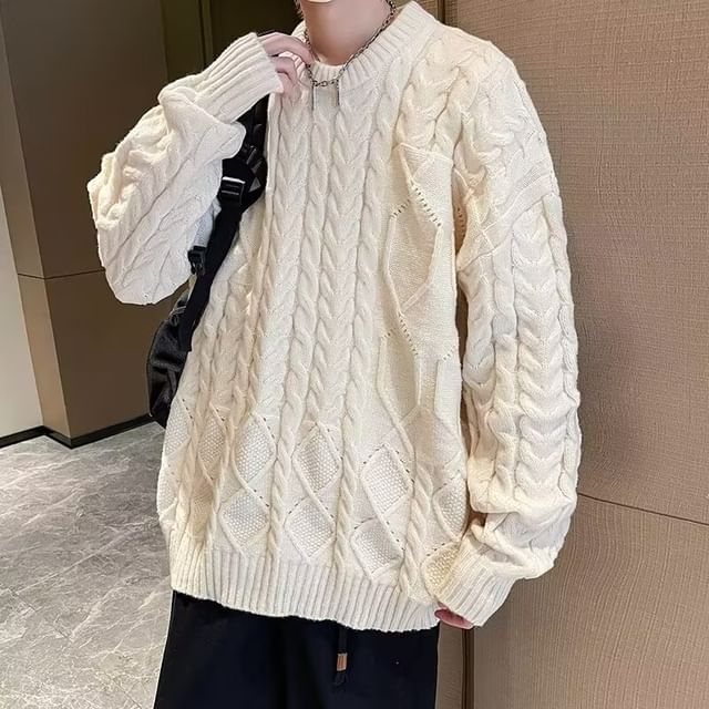 Kimeya-Crewneck Cable Knit Plain Sweater