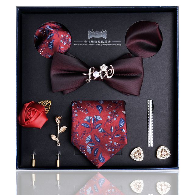 NINIRUSI Set: Neck Tie + Bow Tie + Tie Clip + Cufflinks +