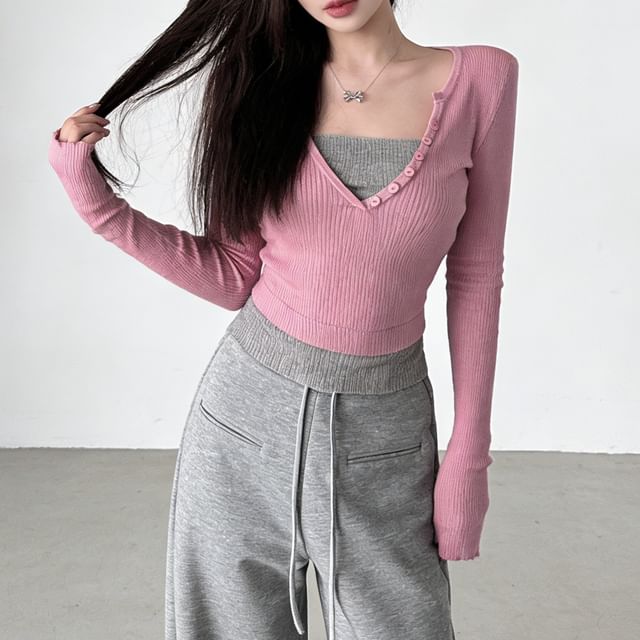 ANORA-Mock Two-Piece Long-Sleeve Half Buttoned Plain Knit Top