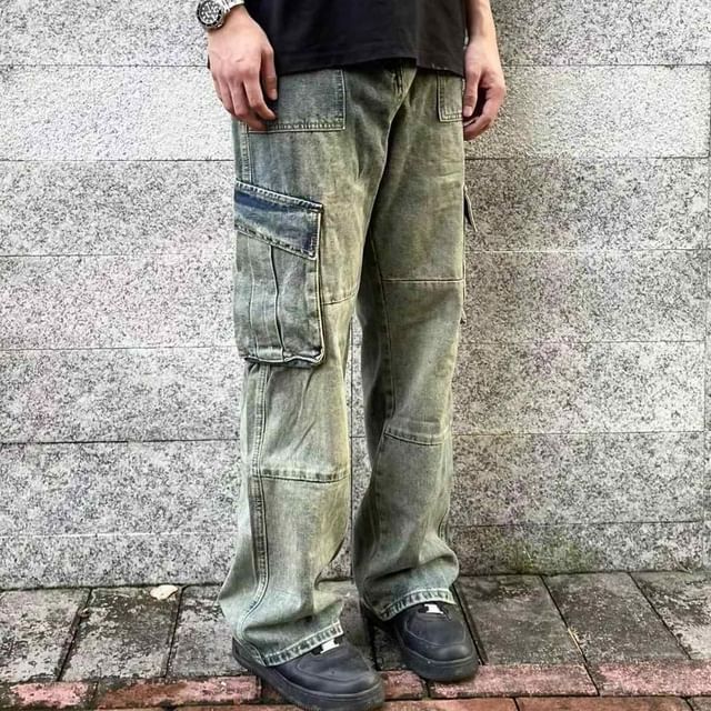 Adothuiastic-Mid Rise Washed Loose Fit Cargo Jeans