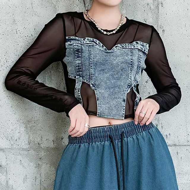 KUMI-Long Sleeve Round Neck Washed Denim Mesh Patchwork Crop Top