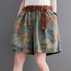 Taragon - Floral Denim Wide-Leg Shorts with Belt