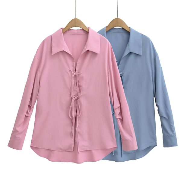 Ulark-Long Sleeve Collared Plain Tie Front Shirt