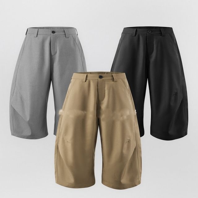 Newin-Mid Rise Plain Barrel Leg Shorts
