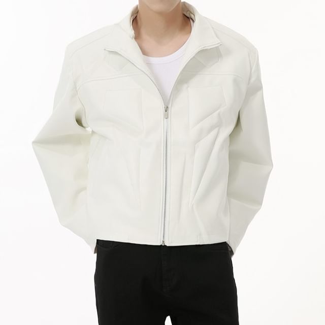 FAERIS-Stand Collar Plain Zip-Up Faux Leather Jacket