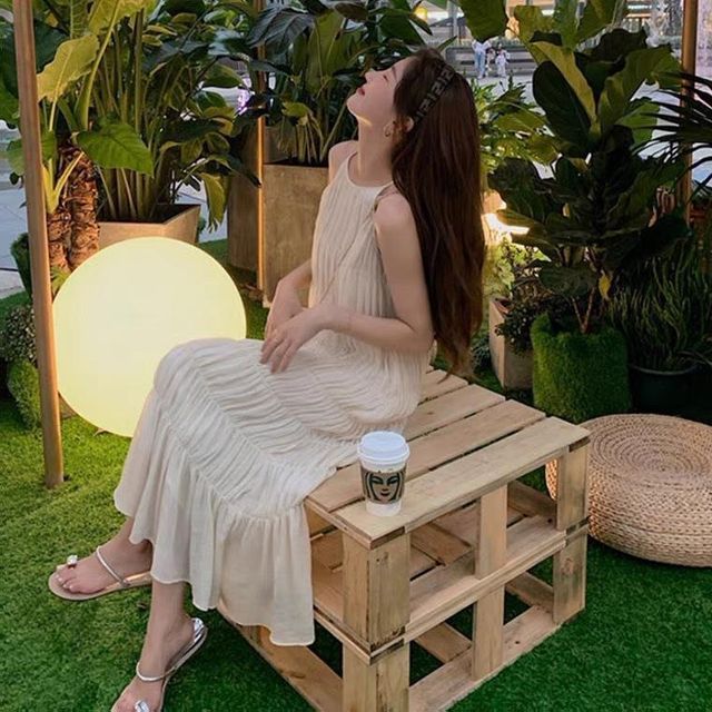 ISSOL-Halter-Neck Plain Shirred Midi Sundress