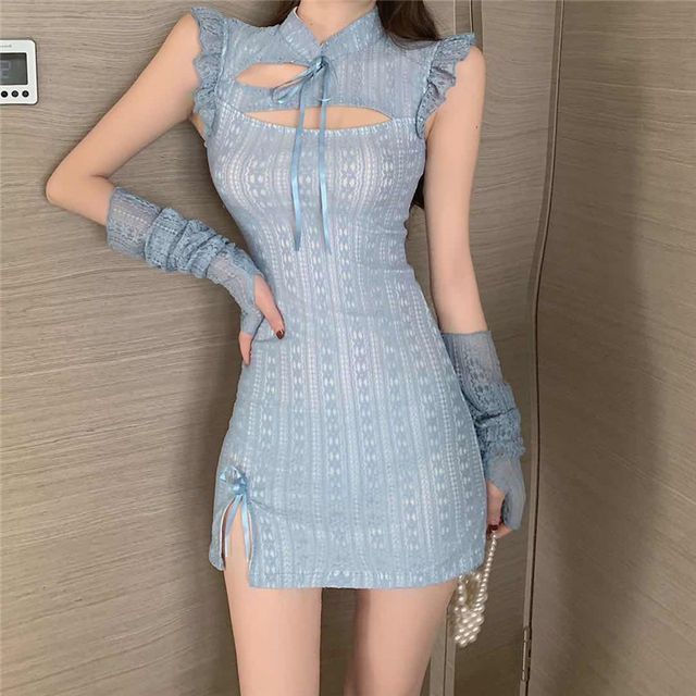 Yaniff Set: Sleeveless Cutout Mini Qipao Dress Arm Sleeves