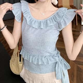 Trendycas-Cap Sleeve Crew Neck Plain Ruffle Tie-Up Top