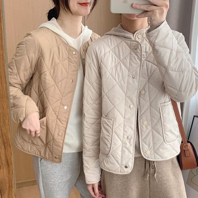 Hevnir-V-Neck Quilted Button-Up Jacket