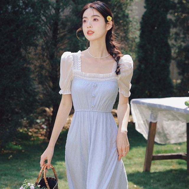 The Square Neck Ruffle Trim Midi Dress Lush Square Neck Ruffle