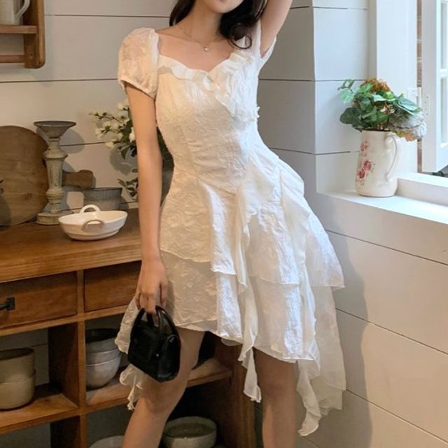 Sisyphi - Puff-Sleeve Square Neck Plain Ruffle Asymmetrical A-Line Dress |  YesStyle