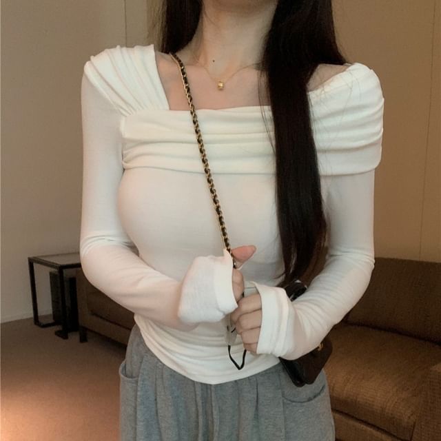 Beem-Long-Sleeve Off Shoulder Plain Knit Top