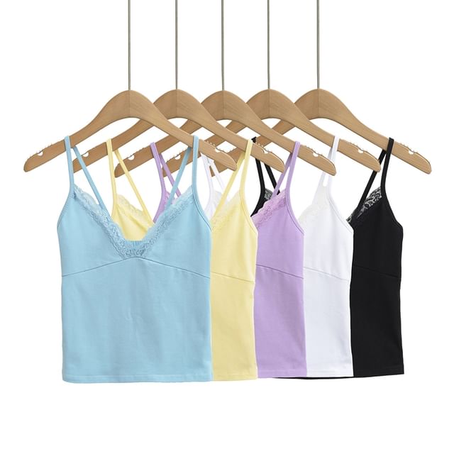 Ulark-V-Neck Plain Panel Lace Cami Top