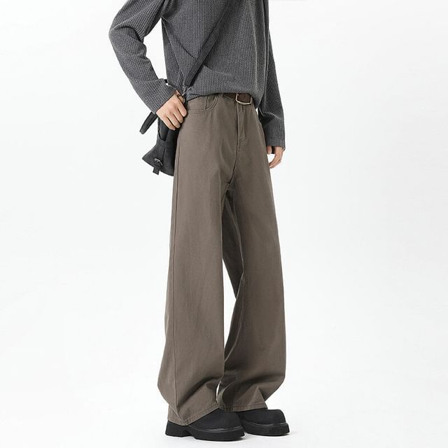 Bay Go Mall-Mid Rise Plain Straight Leg Pants