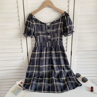 Iasia Short Sleeve Off Shoulder Plaid Mini A Line Dress