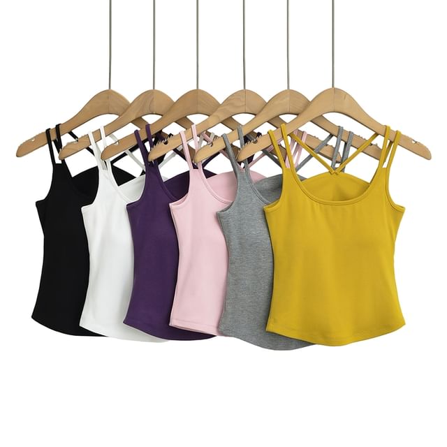 Ulark-Strappy Scoop Neck Plain Crop Cami Top