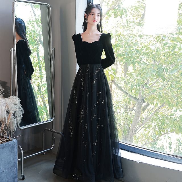 DreesHouse-Long-Sleeve Sequin A-Line Evening Gown