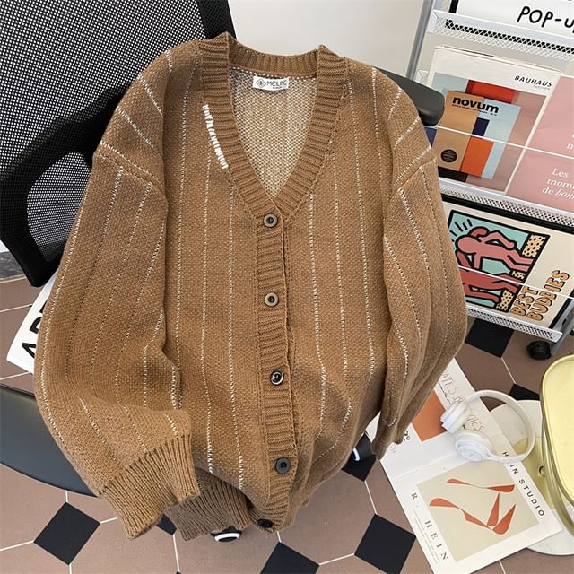 Plummie-V-Neck Striped Button Up Oversized Cardigan