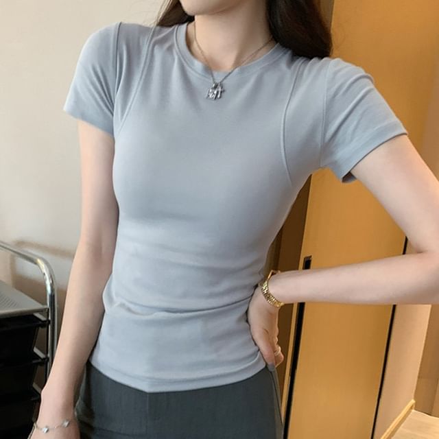 KUMI-Short Sleeve Round Neck Plain Panel Tee