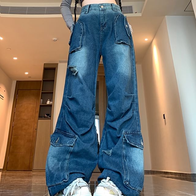 Porstina-Mid Rise Washed Flared Cargo Jeans