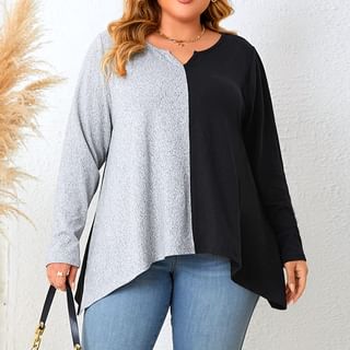 PlusPretty-Plus Size Long-Sleeve Notch Neck Melange Panel T-Shirt