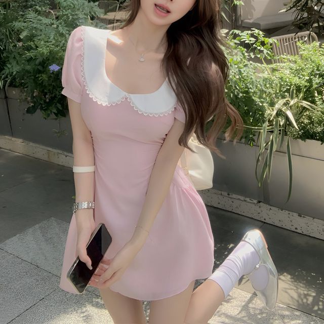CosmoCorner - Short-Sleeve Contrast Collar Mini A-Line Dress | YesStyle