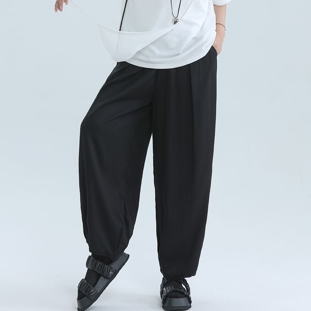 SIMPLE BLACK-Drawstring Waist Plain Harem Pants