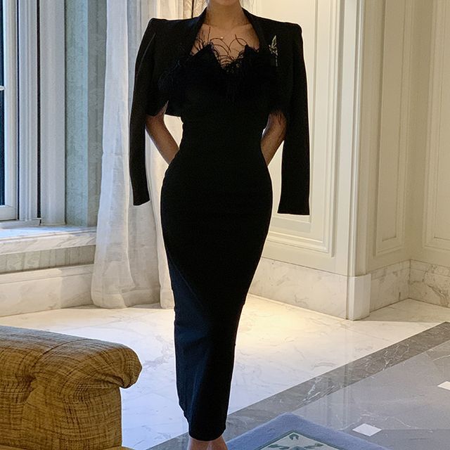 Strapless Fluffy Midi Bodycon Dress