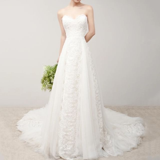 DreesHouse-Strapless Sweetheart Neckline Plain Trained Lace A-Line Wedding Gown