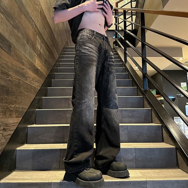 Obikan-Low Rise Washed Wide Leg Jeans