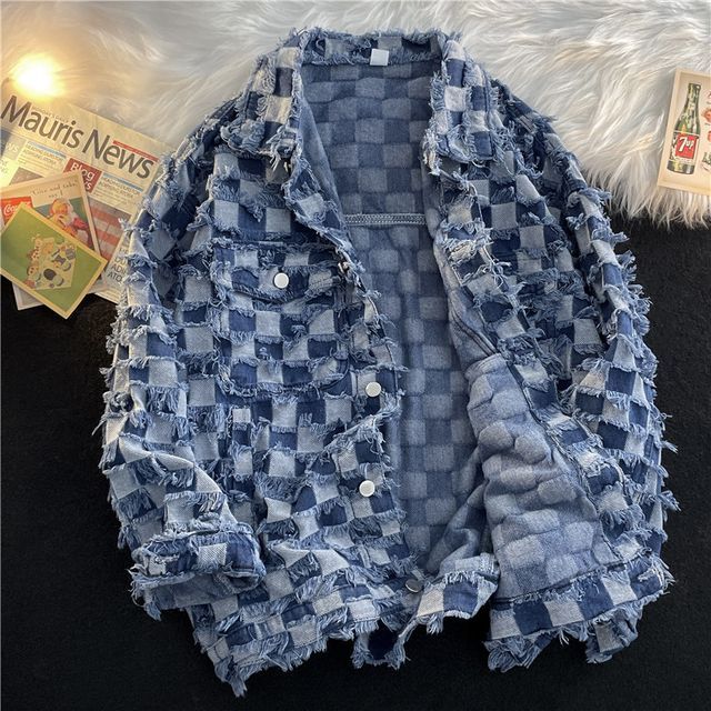Plummie-Collared Checker Distressed Button-Up Denim Jacket