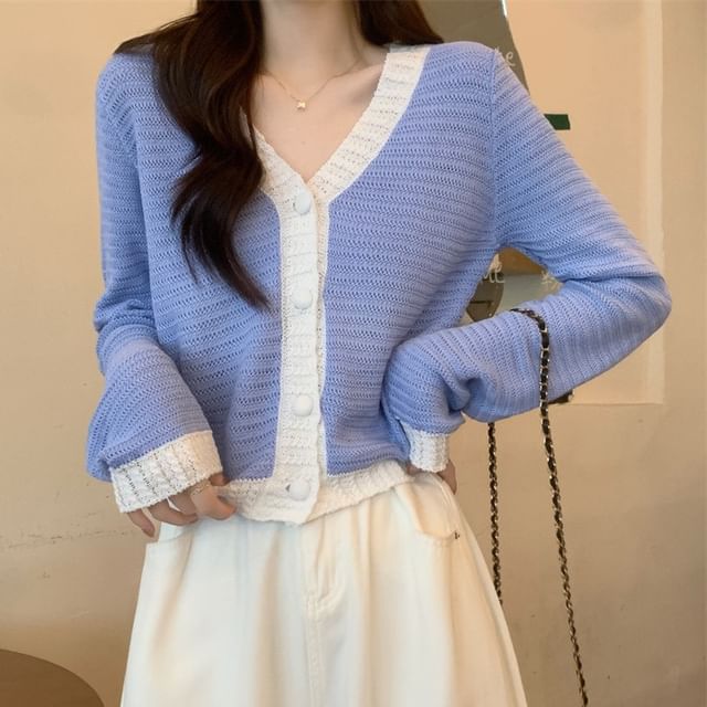 Sisyphi-V-Neck Two Tone Crop Cardigan